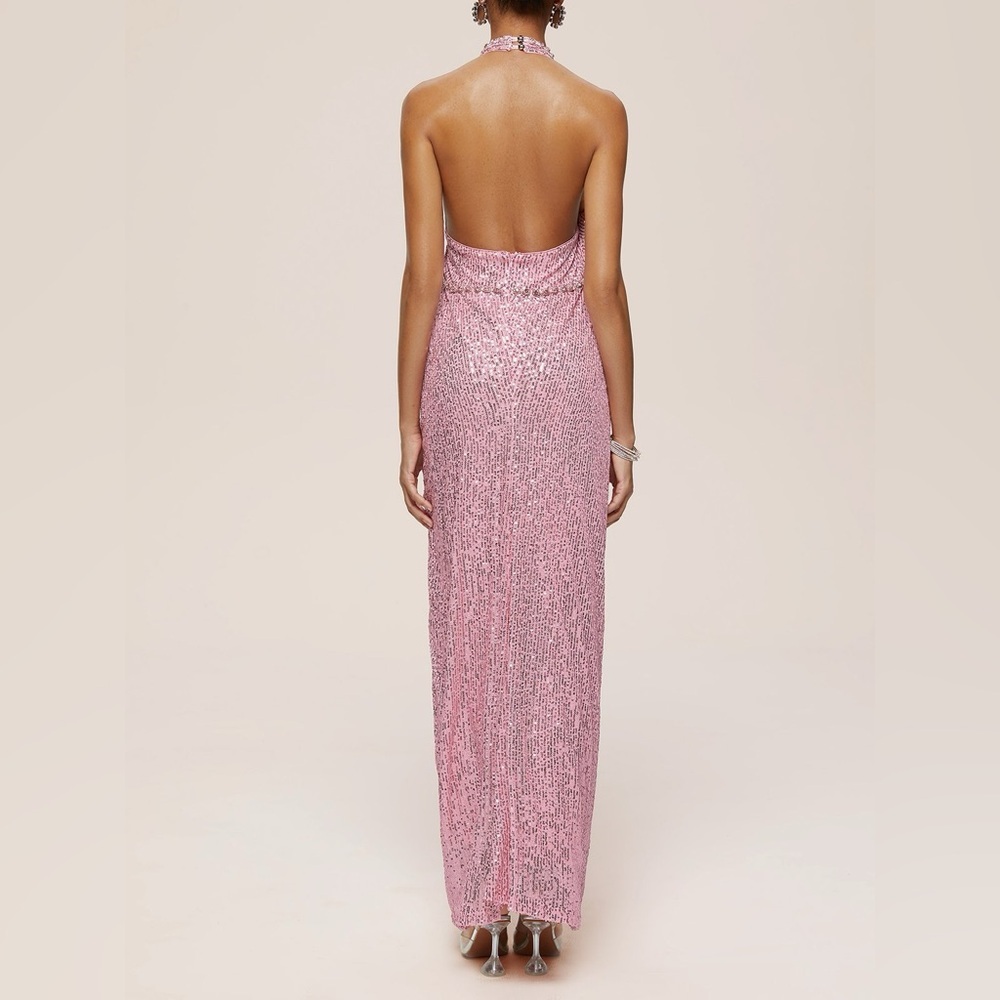 Pink Sequin Rhinestone Halter Sleeveless Sheath Maxi Dress - Picture 2 of 4